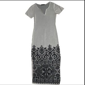 Peruvian Connection Light Gray Maxi Dress with Black Design Boho V-Neck Small